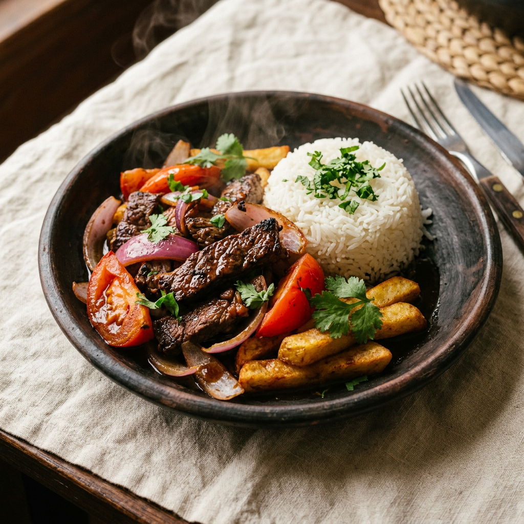 Lomo saltado con papas fritas y arroz